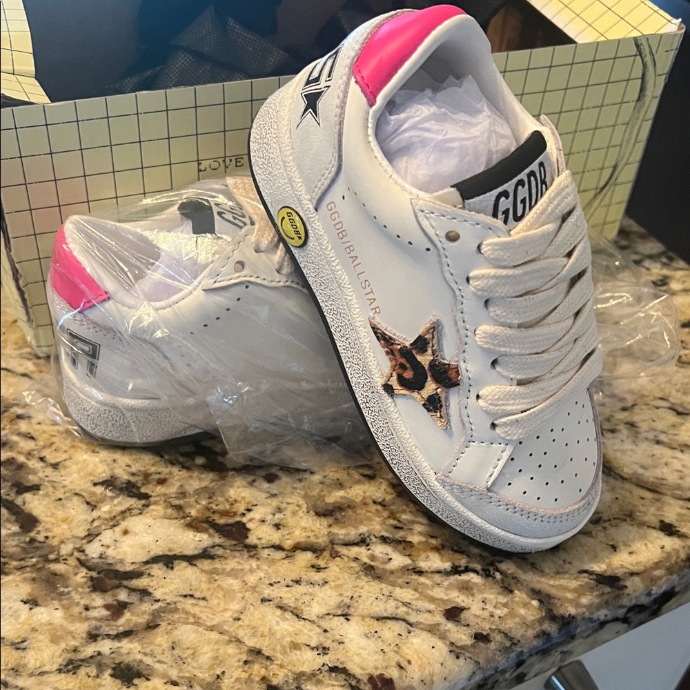 Golden Goose White Sneakers with Pink and Leopard Star